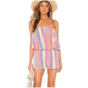 Show Me Your Mumu Thelma Romper Small Rainbow Stripe Off Shoulder Colorful